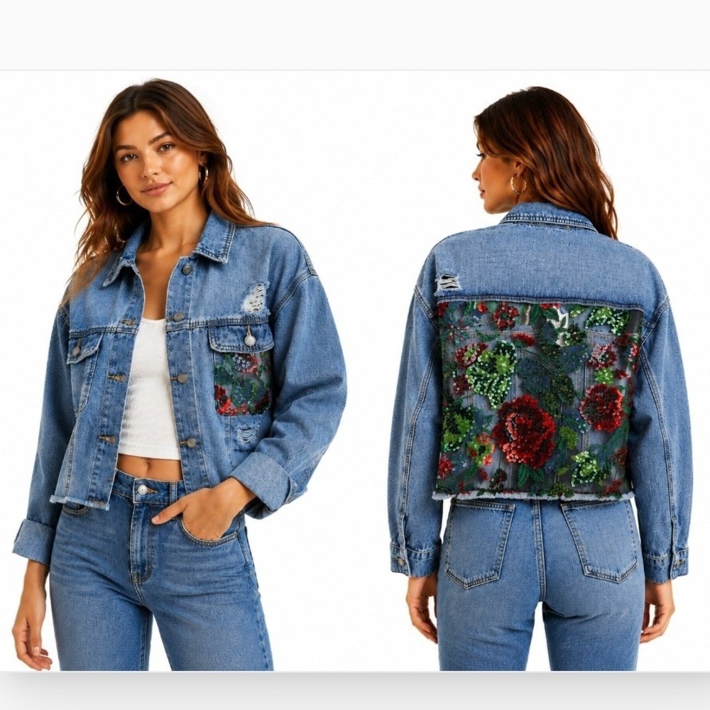 Veveret Denim Jacket Large Blue Sequin Floral Mesh Back Distressed Cropped